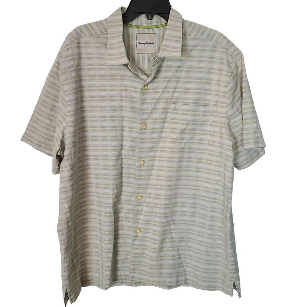 Tommy Bahama Mens Striped Silk Cotton Shirt Sz XL Preppy Minimalist Resortwear